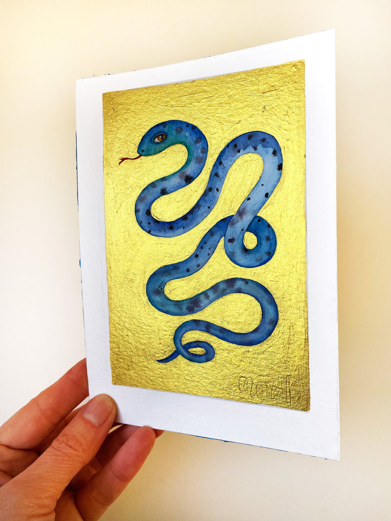 Schlange Blau Original Malerei Aquarell Gold auf Papier  Kleine Original Gemälde
