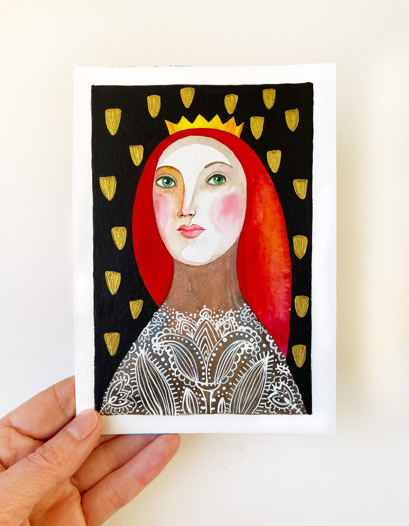 Original Malerei Porträt Aquarell Gold auf Papier  Kleine Original Gemälde
