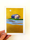 Original Malerei Haus am See Aquarell Gold auf Papier  Kleine Original Gemälde