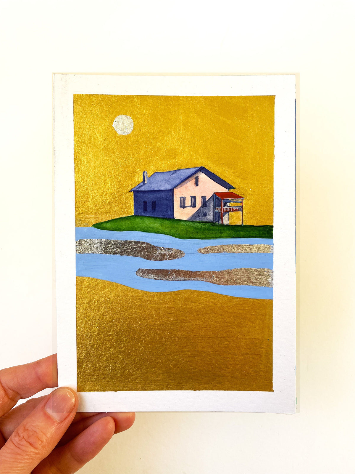 Original Malerei Haus am See Aquarell Gold auf Papier  Kleine Original Gemälde
