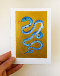Schlange Blau Original Malerei Aquarell Gold auf Papier  Kleine Original Gemälde