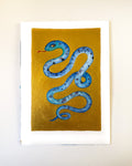 Schlange Blau Original Malerei Aquarell Gold auf Papier  Kleine Original Gemälde