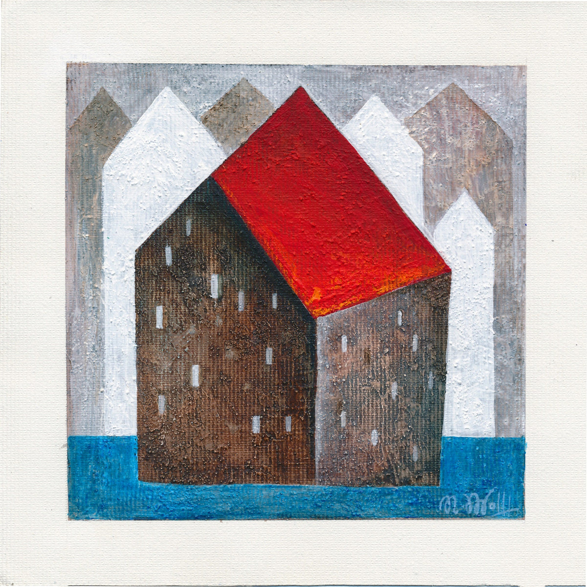 Small House Acrylic Painting, Abstract Landscape Art 5.1" x 5.1" Modern Minimalist Wall Art