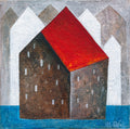 Small House Acrylic Painting, Abstract Landscape Art 5.1" x 5.1" Modern Minimalist Wall Art