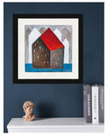 Small House Acrylic Painting, Abstract Landscape Art 5.1" x 5.1" Modern Minimalist Wall Art