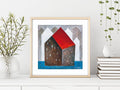 Small House Acrylic Painting, Abstract Landscape Art 5.1" x 5.1" Modern Minimalist Wall Art