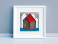 Small House Acrylic Painting, Abstract Landscape Art 5.1" x 5.1" Modern Minimalist Wall Art