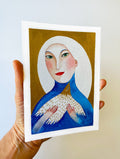 Original Malerei Porträt Aquarell Gold auf Papier  Kleine Original Gemälde