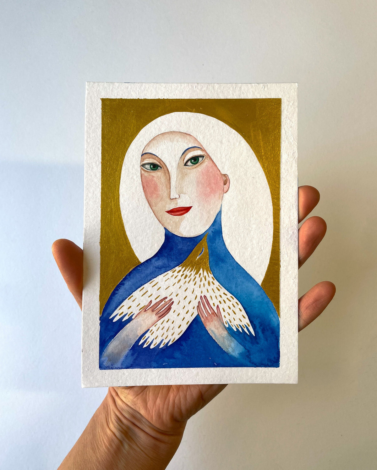 Original Malerei Porträt Aquarell Gold auf Papier  Kleine Original Gemälde