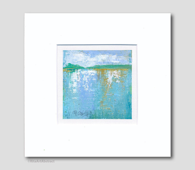 Blue Lagoon Original Abstract Painting on Canvas, 4” x 4”zoll