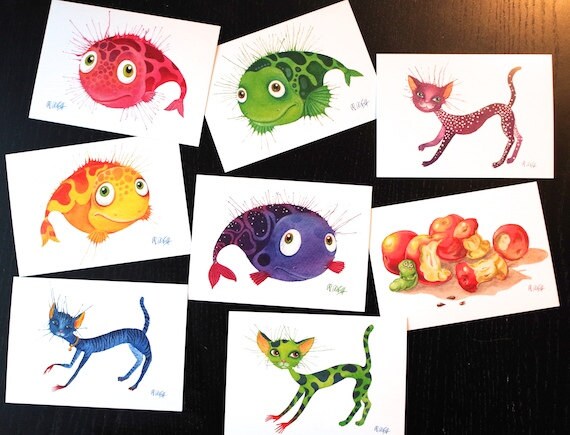 8er Postkarten Aquarell Set Postkarten Grüßkarten Katzen Fische