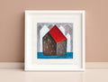 Small House Acrylic Painting, Abstract Landscape Art 5.1" x 5.1" Modern Minimalist Wall Art