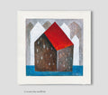 Small House Acrylic Painting, Abstract Landscape Art 5.1" x 5.1" Modern Minimalist Wall Art