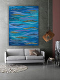 Blue  Acrylic Abstract Painting with Gold and Silver Leaf, 30x 40cm.