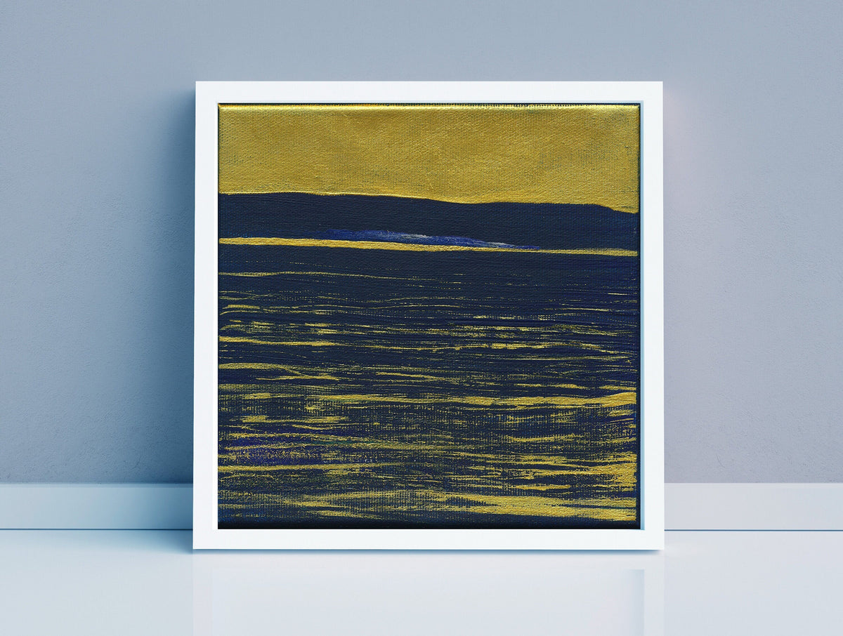 Original Abstract Seascape Painting, Blue and Gold Wall Art (20x20cm)