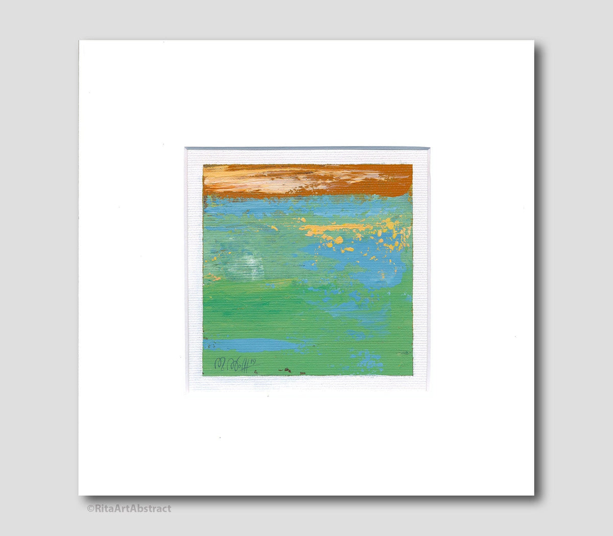 Small Green Meadow Abstract Painting, Original Acrylic Art (10x10cm)in a passe-partout 23x23cm.