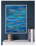 Blue  Acrylic Abstract Painting with Gold and Silver Leaf, 30x 40cm.