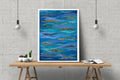 Blue  Acrylic Abstract Painting with Gold and Silver Leaf, 30x 40cm.