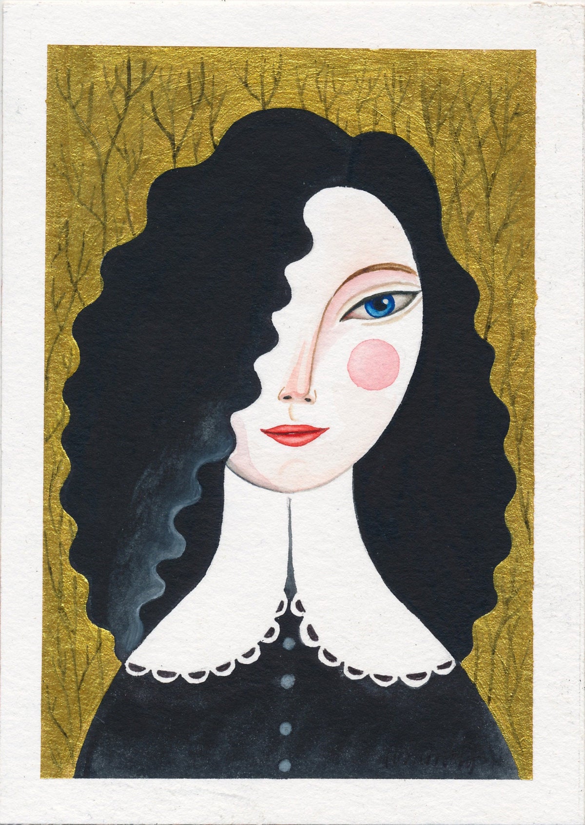 Original Malerei Porträt Aquarell Gold auf Papier  Kleine Original Gemälde