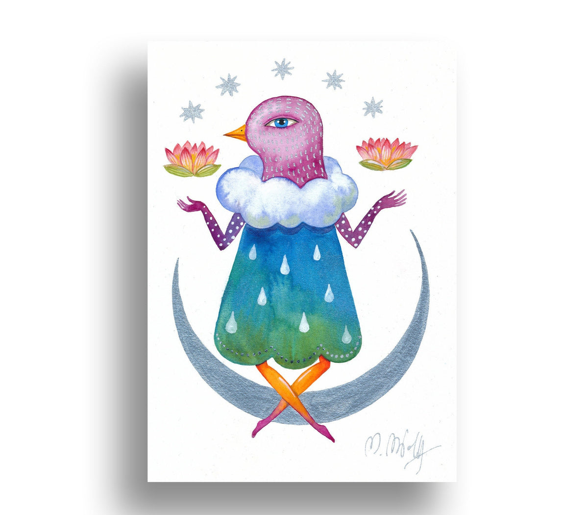 Aquarell Original Vogel Mond Lotusblume Original auf Aquarellpapier Malerei Fantasie