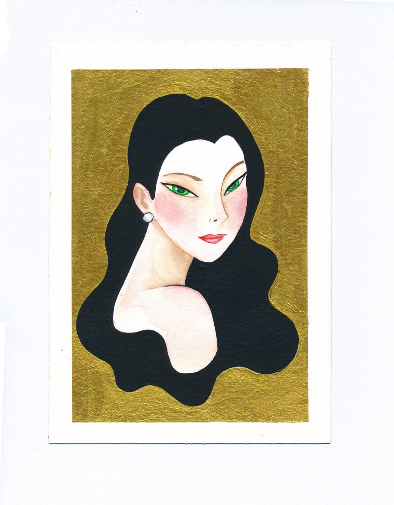Original Malerei Porträt Aquarell Gold auf Papier  Kleine Original Gemälde