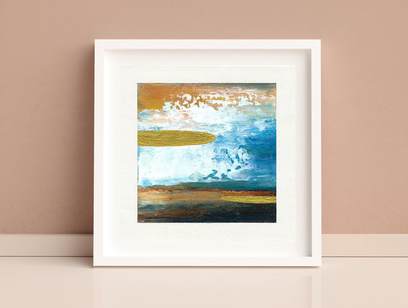 Original Gold Indigo Abstract Landscape Painting, Small Acrylic Art (5.1”)