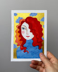 Original Malerei Porträt Aquarell Gold auf Papier  Kleine Original Gemälde