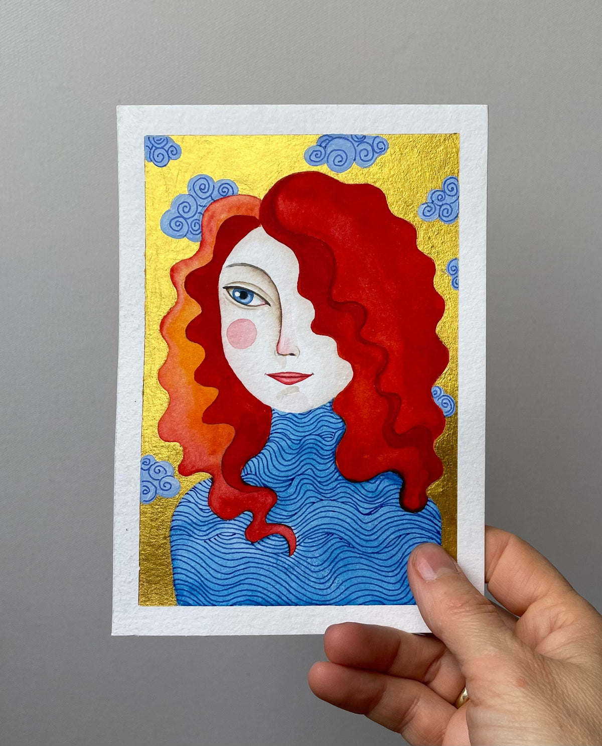 Original Malerei Porträt Aquarell Gold auf Papier  Kleine Original Gemälde