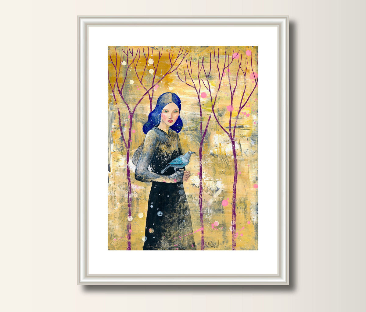 Frau mit weisse Rabe A4 A3 Fine Art Print Kunstdruck