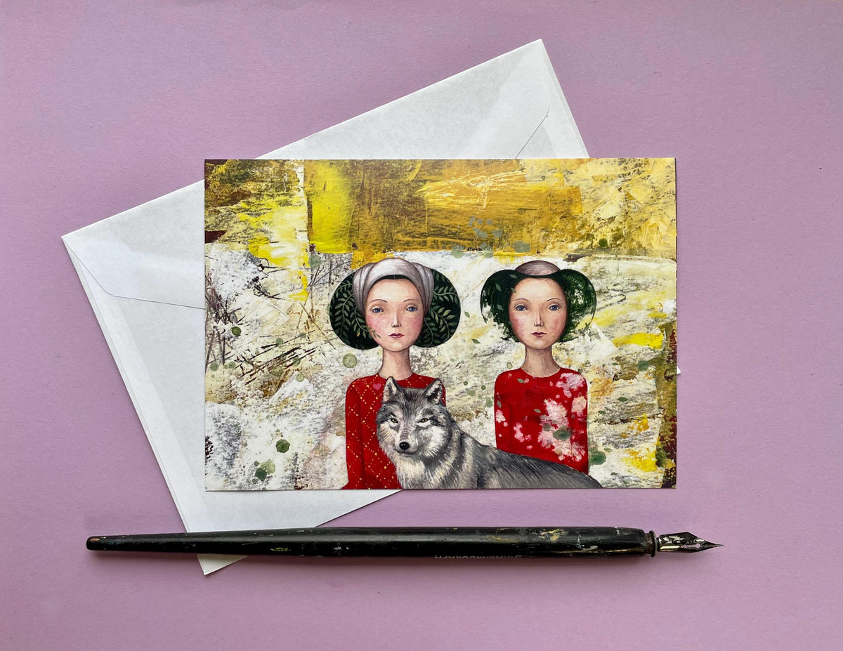 Kunstpostkarte Wolf Zwillinge Magische Illustration Grußkarte  Wanddeko Postkarte kleiner Print A6