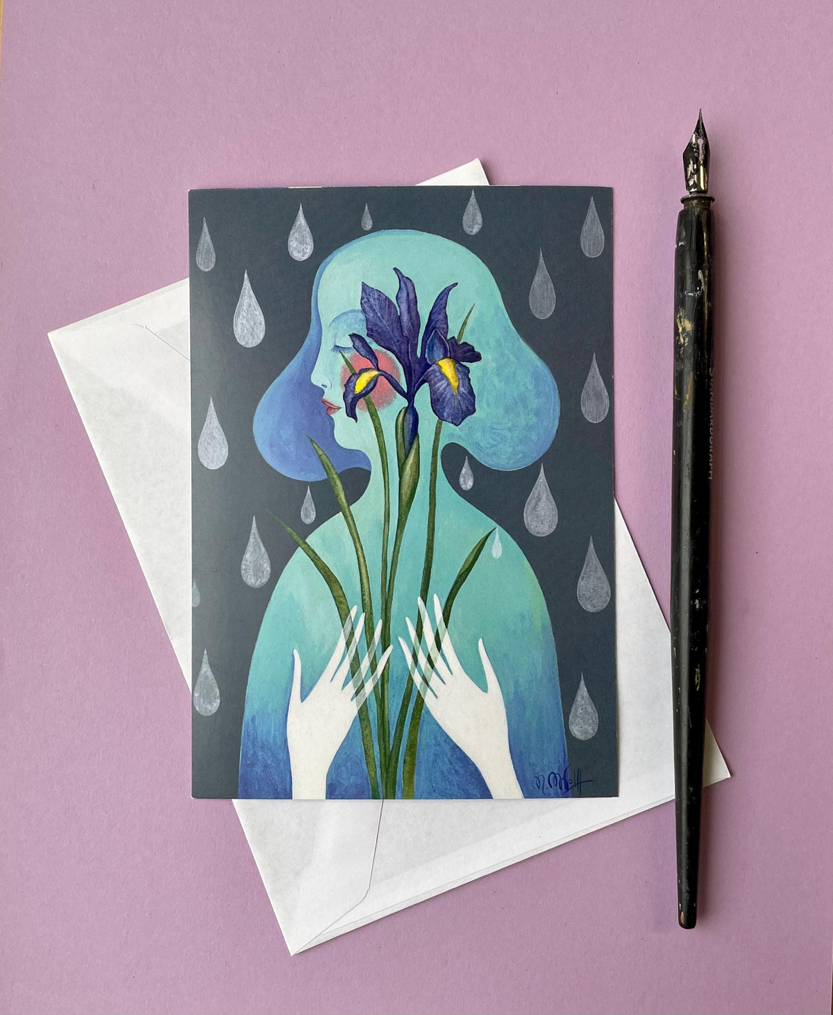 Postkarte, Handgemalte Kunstpostkarte Irisblüte – Aquarell-Illustration