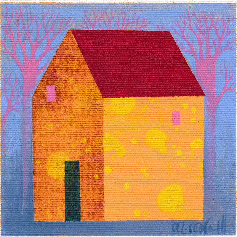 Original Small House Acrylic Painting on Canvas, Abstract Landscape (5.1" x 5.1")