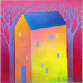 Small House Acrylic Painting on Canvas, Abstract Landscape (13x13cm)