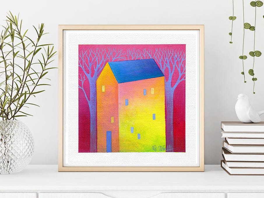 Small House Acrylic Painting on Canvas, Abstract Landscape (13x13cm)