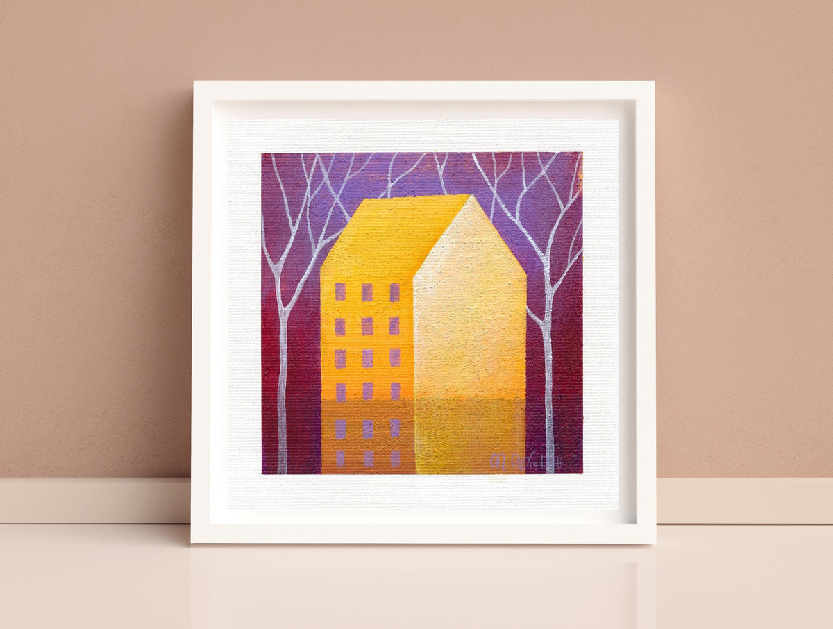 Small Abstract House Painting, Original Acrylic Canvas Art (13x13 cm)