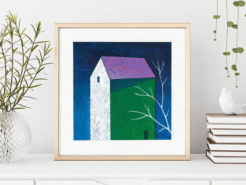 Small House Acrylic Painting on Canvas, Abstract Landscape Art (13x13 cm)