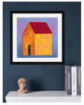 Original Small House Acrylic Painting on Canvas, Abstract Landscape (5.1" x 5.1")
