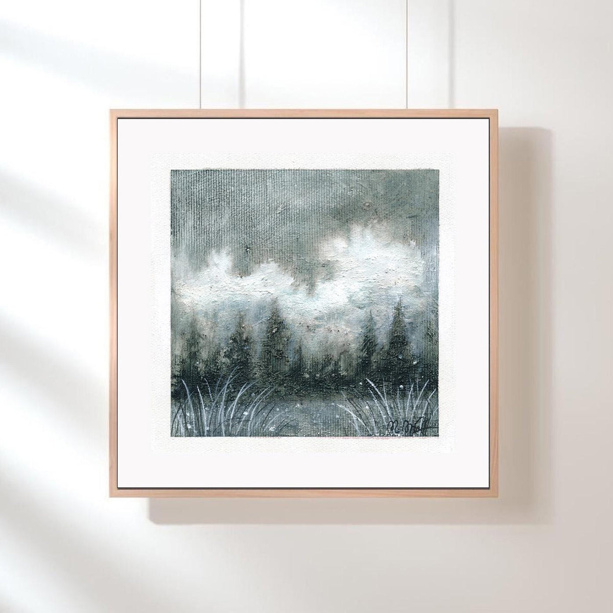 Small Abstract Landscape Painting, Monochrome Forest Art, 5.1x5.1"