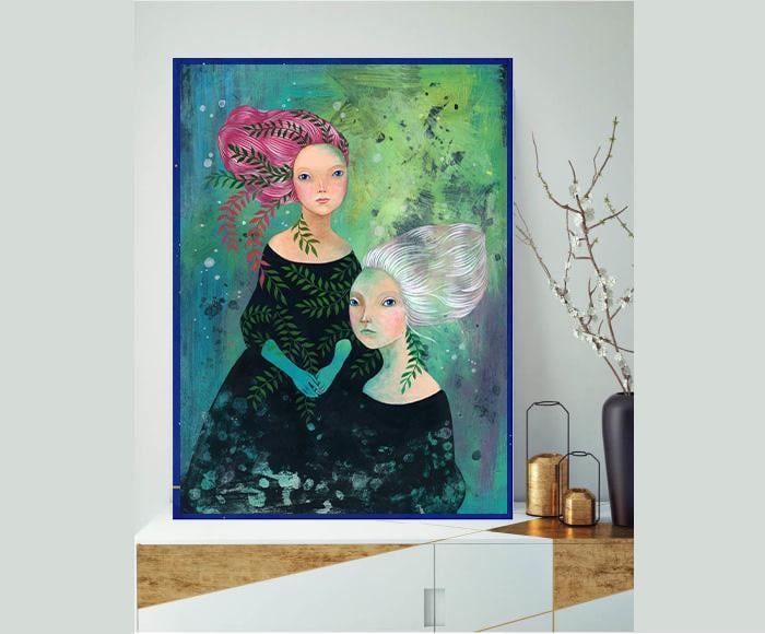 Zwei Frauen Portrait Original Acryl Gemälde von Rita Wolff Original auf Papier