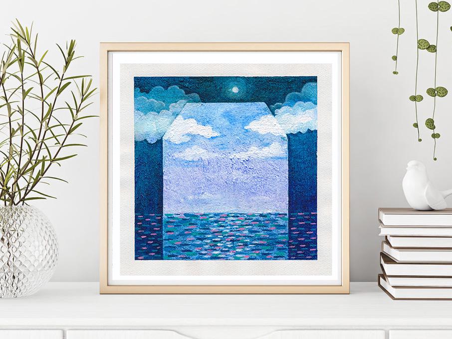 Original Abstract Acrylic Painting, Seascape Canvas Art (13x13 cm)