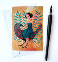 Postkarte Vogel und Frau. A6 Kunstkarte Grußkarte