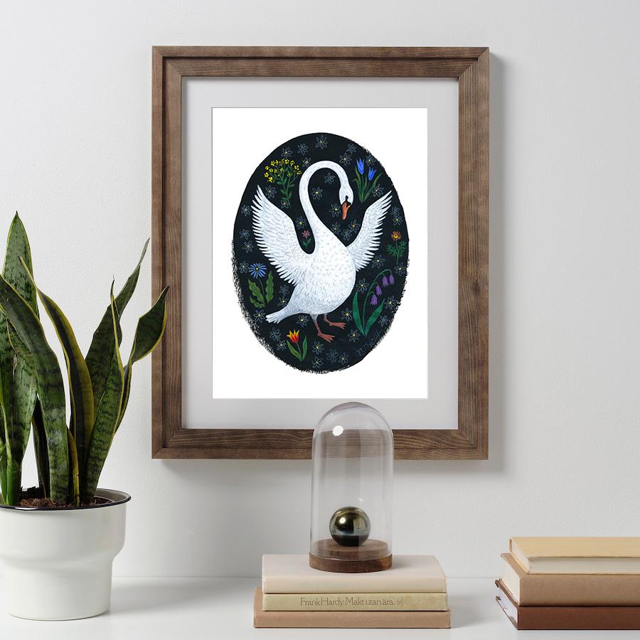 Schwan Kunstprint A4 – Folk Art Illustration - Swan Art Print Tierposter Wanddeko Wohnzimmer Geschenk für Naturliebhaber Gotische Wohnkultur