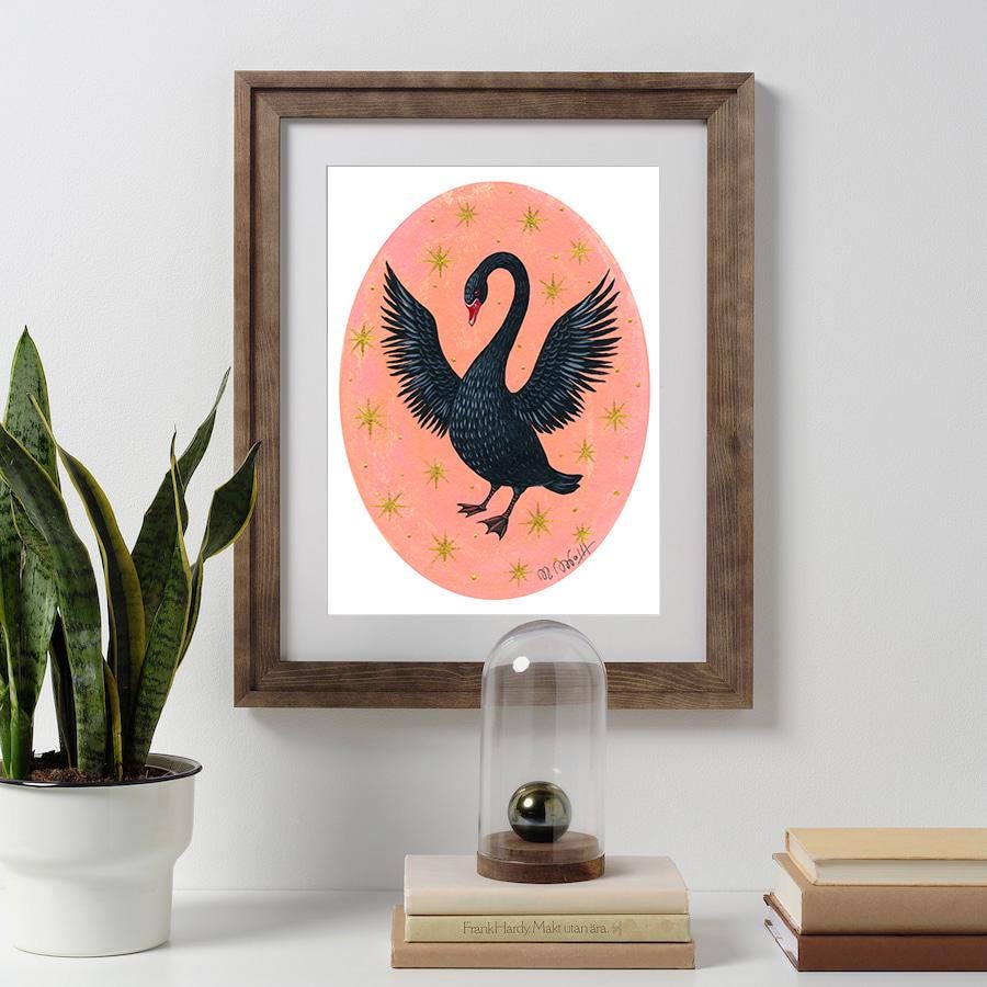 Schwan Kunstprint A4 – Folk Art Illustration - Swan Art Print Tierposter Wanddeko Wohnzimmer Geschenk für Naturliebhaber Gotische Wohnkultur