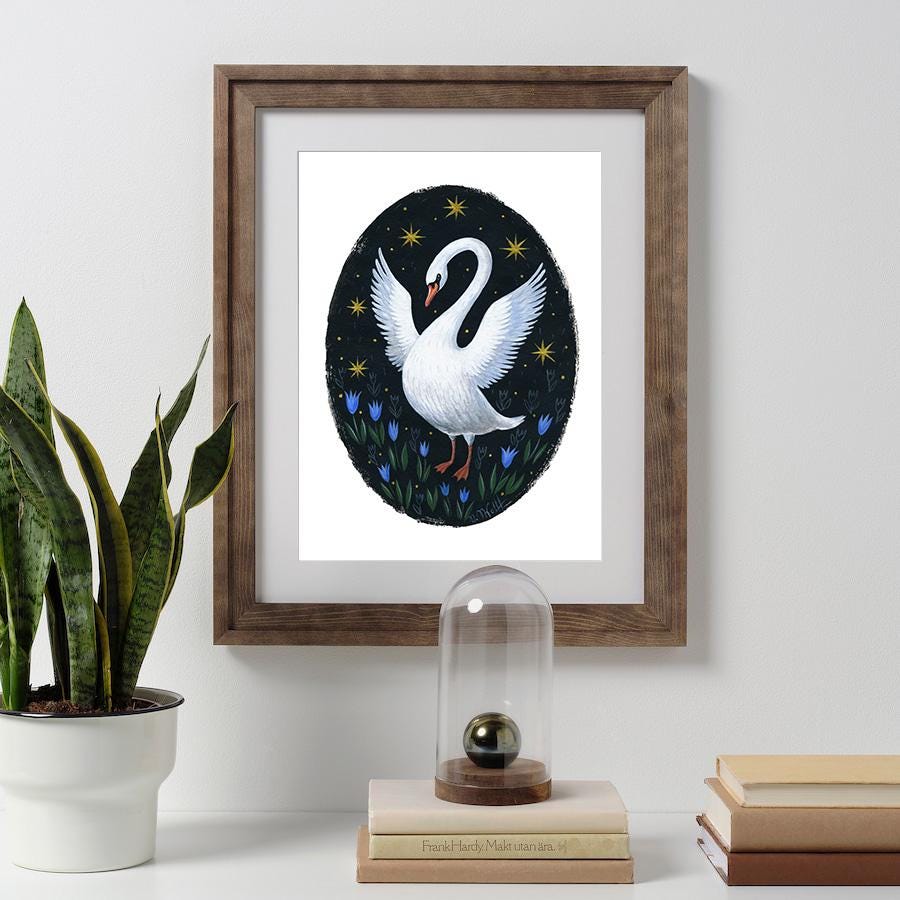 Schwan Kunstprint A4 – Folk Art Illustration - Swan Art Print Tierposter Wanddeko Wohnzimmer Geschenk für Naturliebhaber Gotische Wohnkultur