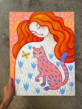 Original 40x50 cm auf Leinwand, Farbenfrohes Acrylgemälde, Frau mit Katze und Schmetterling