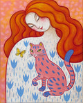 Original 40x50 cm auf Leinwand, Farbenfrohes Acrylgemälde, Frau mit Katze und Schmetterling