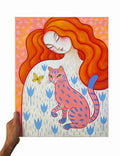 Original 40x50 cm auf Leinwand, Farbenfrohes Acrylgemälde, Frau mit Katze und Schmetterling