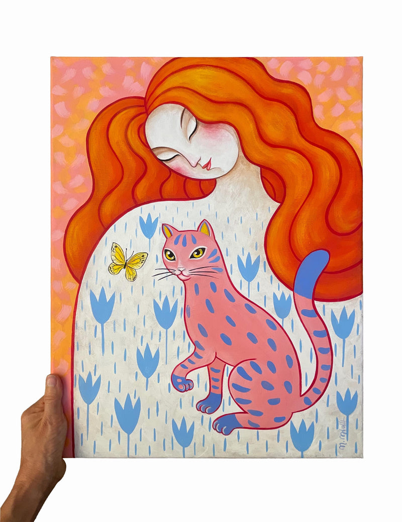 Original 40x50 cm auf Leinwand, Farbenfrohes Acrylgemälde, Frau mit Katze und Schmetterling