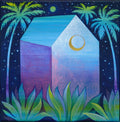 Tropical House Acrylic Painting on Canvas, Palm Tree Landscape Art (20x20 cm)