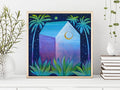 Tropical House Acrylic Painting on Canvas, Palm Tree Landscape Art (20x20 cm)